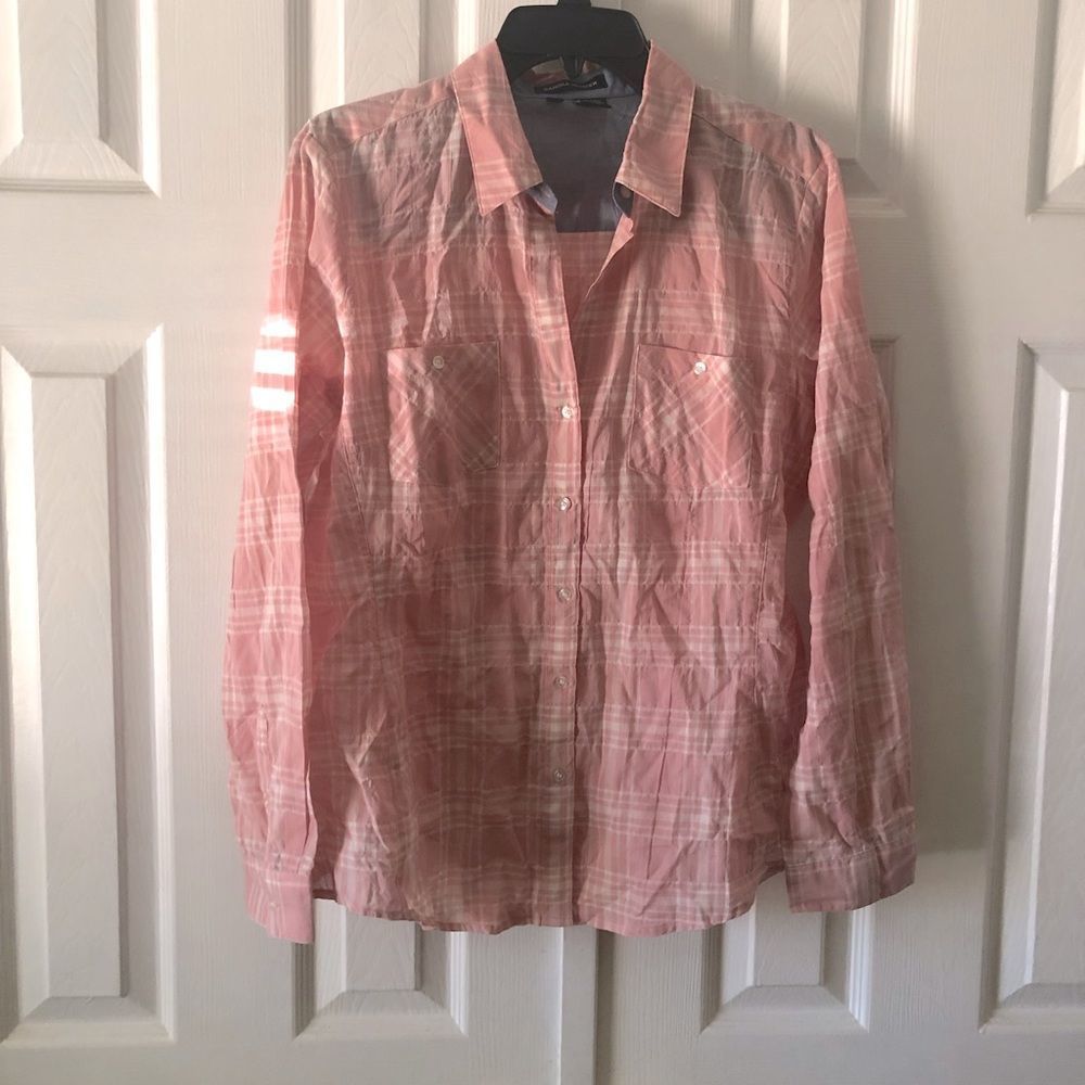 Sandra Ingrish thin pink & white gingham button up collared shirt size L